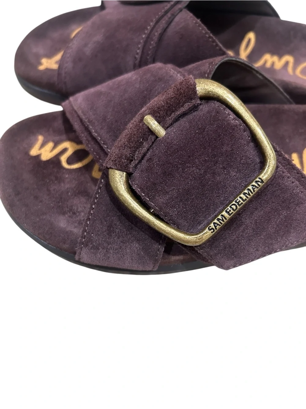 Sam Edelman Darla dark brown Suede Slide Sandals Antiqued Gold Buckle size 6.5
